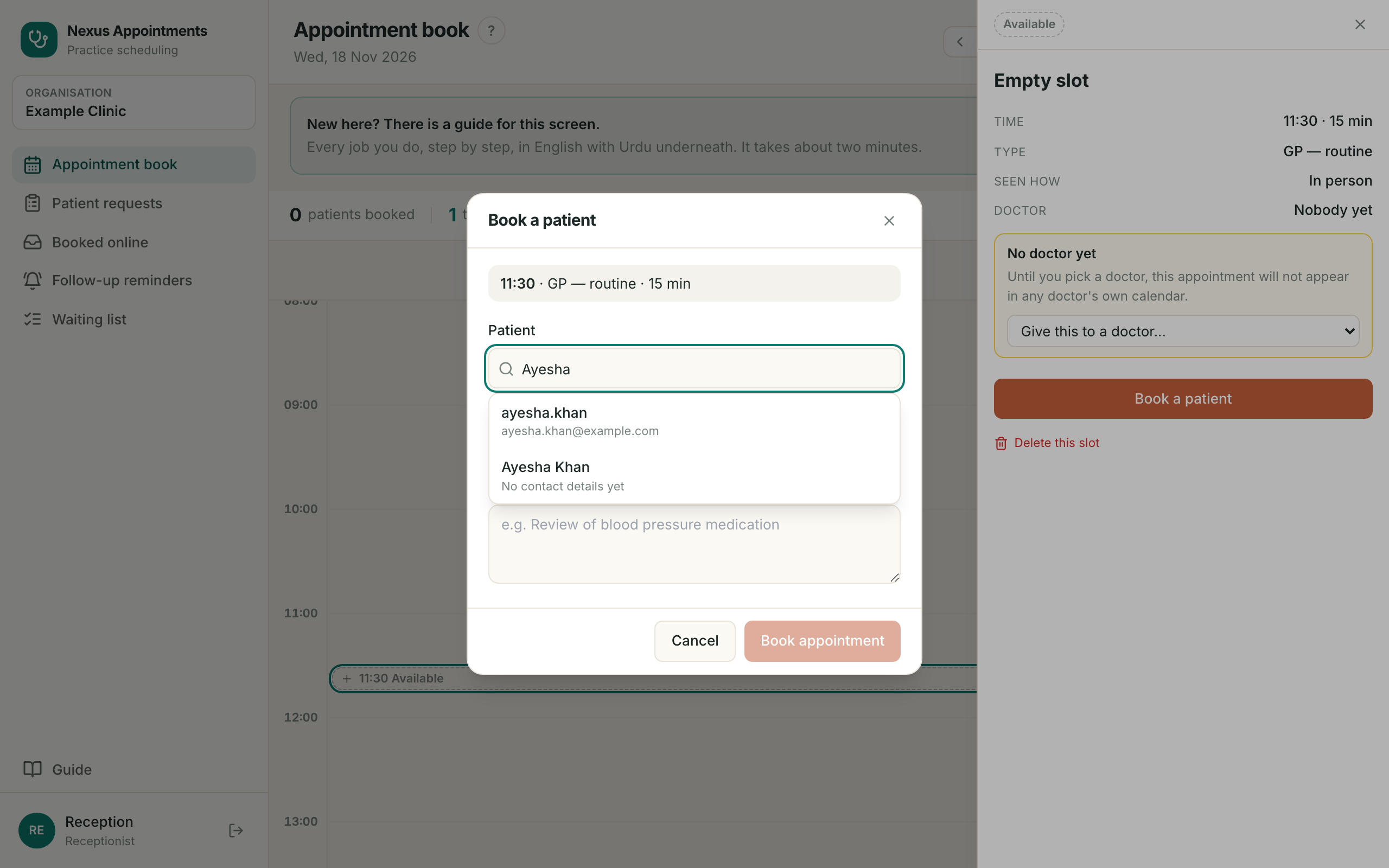 Book a patient in